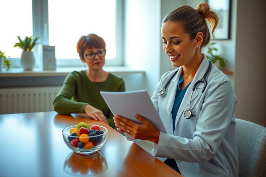 Doctor reviewing patient records in a brightly lit office setting. Healthcare professional in a white coat examines a document while a patient sits nearby. Fruit bowl visible on the table. Focus on medical consultation.