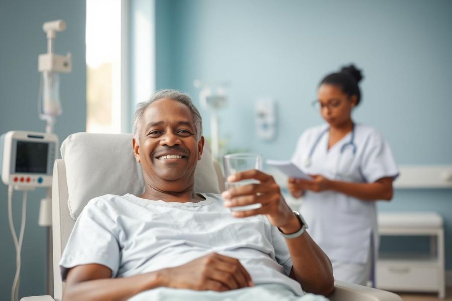 A smiling African American man in a hospital bed holds a glass of water, receiving care in a bright blue room. A nurse stands in the background reviewing paperwork. Healthcare, patient care, and hospital setting are evident.