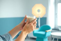 Person holding a glass, likely a cocktail, in a stylish living room setting. The room features blue furniture, a round table, and a lamp, creating a modern and cozy ambiance. Focus on relaxation and home decor.