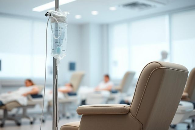 Medical infusion therapy in a modern, bright hospital setting. IV drip and recliner chairs are visible, with patients receiving treatment in the background. Focus is on healthcare and patient care. Soft, neutral color palette.