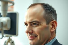 Portrait of a man in a blue suit, looking to the side. The image has a shallow depth of field with a blurred background suggesting an office setting. Natural light and a focused expression create a professional atmosphere.