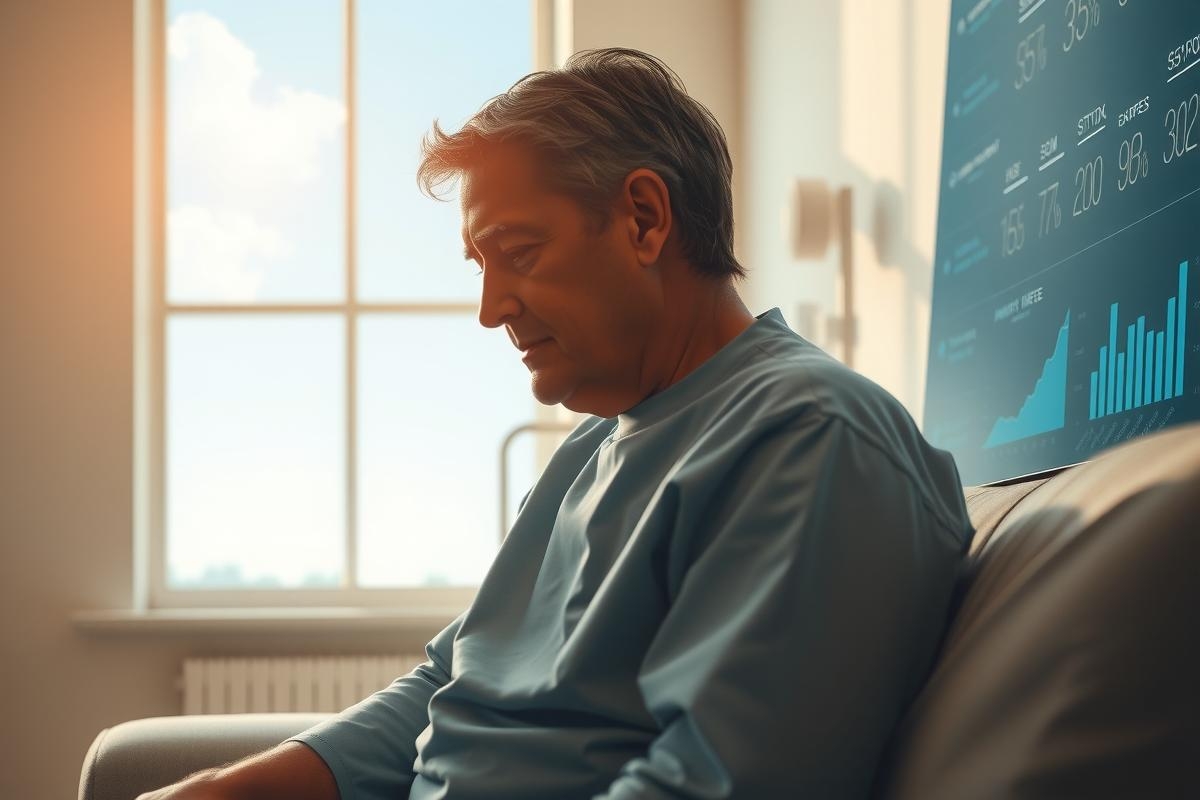 In this image, we see the renowned actor Michael Sheen seated in a modern living room. He is dressed in casual attire and appears to be focused on something outside of the frame. The room is well-lit with natural light, suggesting an airy and comfortable environment. The color palette is soft and neutral, enhancing the overall calmness of the scene.