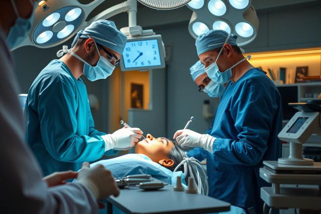 The image shows a medical setting with several surgeons and an anesthetist performing a surgical procedure. The patient is on an operating table, under anaesthesia with multiple monitors connected to them.