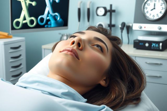 The image portrays a woman lying on an examination table in what appears to be a medical setting, possibly a doctor's office or hospital. She is wearing a white gown, indicating a clinical environment where medical procedures are conducted.