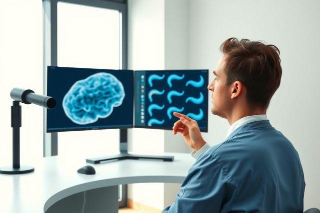 Man examining brain scan on a computer screen. Focus on neurological research, medical technology, and data analysis. Blue and white color scheme, modern office setting.