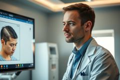Doctor in a modern clinic examining a screen. Healthcare professional in a white coat, with a focused expression, in a brightly lit environment.