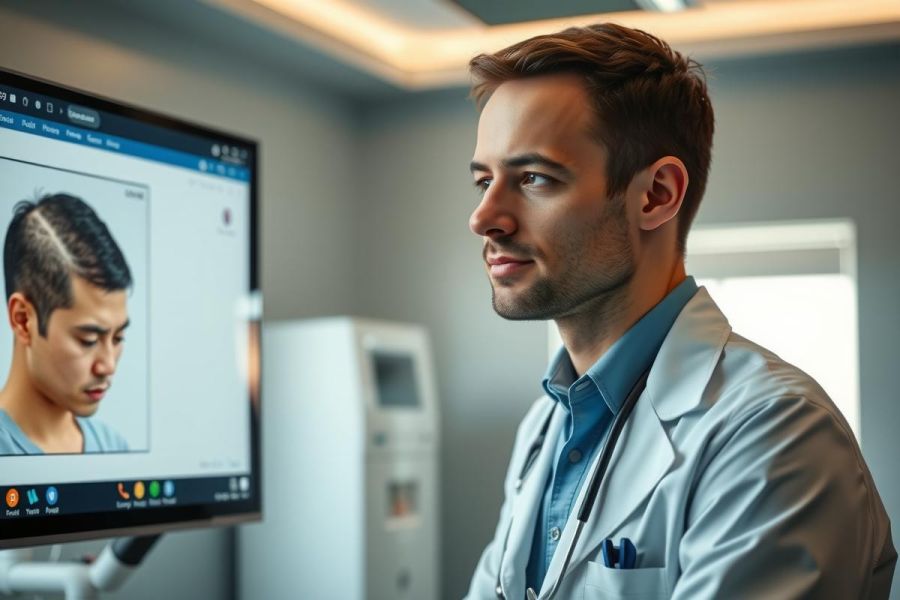 Doctor in a modern clinic examining a screen. Healthcare professional in a white coat, with a focused expression, in a brightly lit environment.