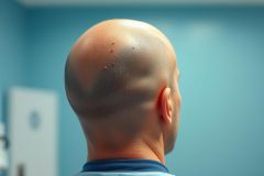 Close-up of a bald man's head with acupuncture needles. The image depicts a medical treatment scenario with a blue wall background. Focus is on the acupuncture points and skin. Keywords: acupuncture, bald head, medical treatment, needles, healthcare, therapy, blue background.