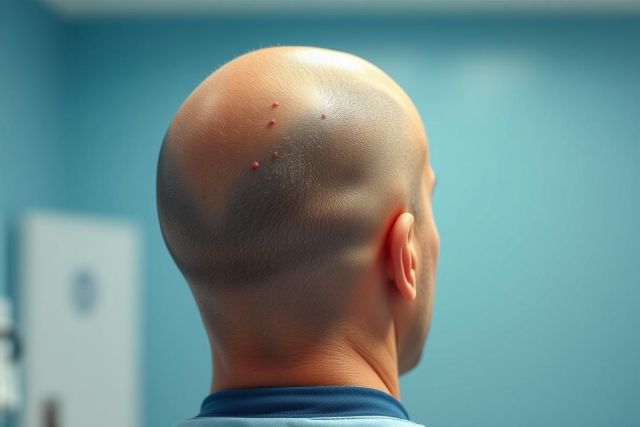Close-up of a bald man's head with acupuncture needles. The image depicts a medical treatment scenario with a blue wall background. Focus is on the acupuncture points and skin. Keywords: acupuncture, bald head, medical treatment, needles, healthcare, therapy, blue background.