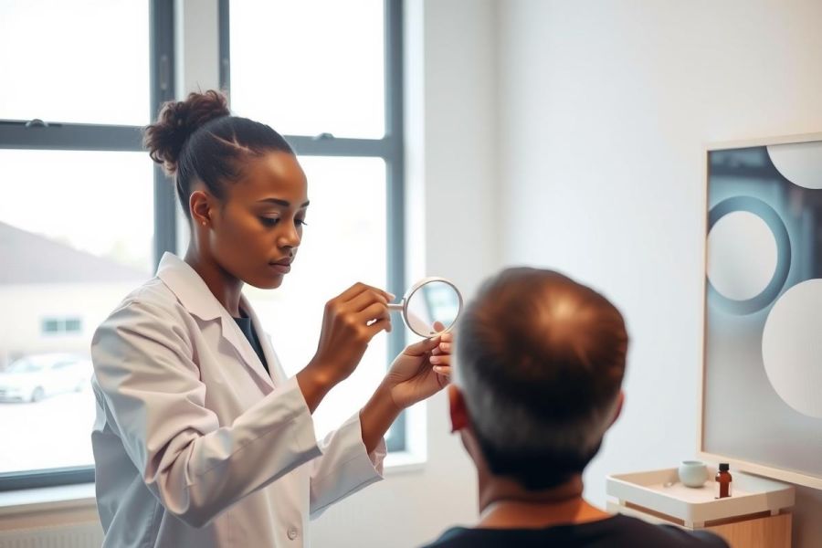 Optometrist examining a patient's eyes in a clinical setting. The professional wears a white coat and uses an ophthalmic instrument during the eye test. Bright, modern office environment.