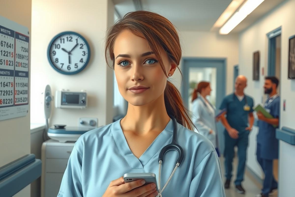 The image features a woman dressed in medical scrubs, standing within what appears to be an operating room or intensive care unit. She is holding a tablet and has a phone clipped to her ear, suggesting she might be communicating with other healthcare professionals regarding patient care.