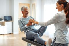 Physical therapist assisting patient with leg exercise. Healthcare setting, bright and modern. Focus on rehabilitation and wellness.