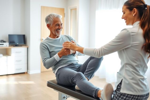 Physical therapist assisting patient with leg exercise. Healthcare setting, bright and modern. Focus on rehabilitation and wellness.
