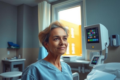 The image shows a woman seated in a hospital room. She is wearing a surgical gown and has short blond hair. The room appears to be well-lit with natural light coming through an open window, suggesting it might be daytime. There are medical devices visible, such as a heart monitor on the left side of the image.
