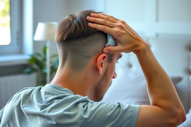 Man looking thoughtful, seen from behind. He's wearing a light blue shirt and has his hand on his head, set against a bright, modern interior with natural light. Relaxed and contemplative mood.