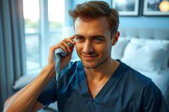 Man in blue scrubs holds a stethoscope, smiling in a modern interior setting with a window and soft lighting. Healthcare professional portrait, medical theme.