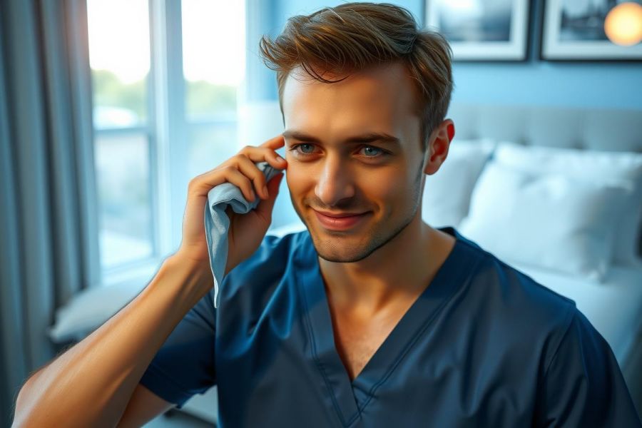 Man in blue scrubs holds a stethoscope, smiling in a modern interior setting with a window and soft lighting. Healthcare professional portrait, medical theme.