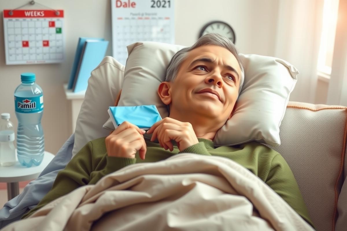 The image shows a man lying in a hospital bed. He appears to be resting or possibly receiving medical treatment. The room has a clinical ambiance with medical equipment and supplies visible around the bed, indicating that he is in a healthcare facility.