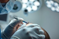 Close-up of a medical procedure, likely hair transplant or dermatological treatment. A doctor in blue surgical gloves uses a specialized tool on a patient's scalp under bright medical lighting. Blue and white tones dominate the scene, conveying a clinical environment.