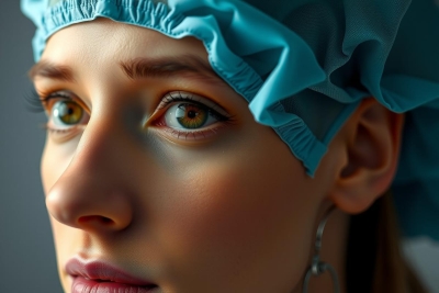 Close up of a woman's face wearing a medical head cap and looking directly into the camera. The focus is on her eyes and expression, with soft skin tones and neutral colors.