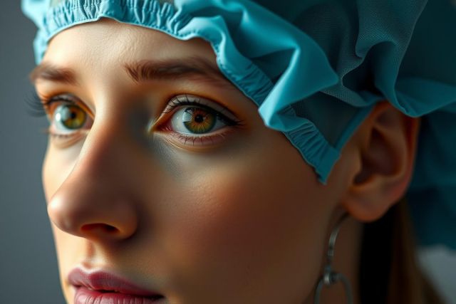 Close up of a woman's face wearing a medical head cap and looking directly into the camera. The focus is on her eyes and expression, with soft skin tones and neutral colors.