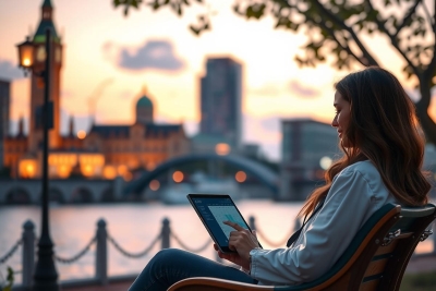 The image features a woman sitting by the water at sunset. She is holding an electronic tablet or book, possibly reading or working. The woman has long hair and is wearing casual attire suitable for outdoor relaxation. The environment suggests a peaceful setting with gentle lighting from the sky as the day transitions to evening. There are no distinctive colors in the image; it appears to have natural tones reflecting the surrounding scenery.