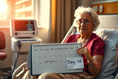 Elderly woman in hospital bed holding calendar. She is wearing red gown, and there are medical devices around her.