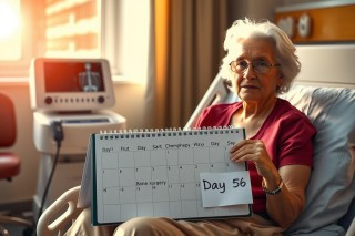Elderly woman in hospital bed holding calendar. She is wearing red gown, and there are medical devices around her.
