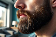 Close-up portrait of a man with a full, textured brown beard. Soft lighting highlights the details against a blurred teal and gray background. Focus on facial hair, masculine style, and a contemporary indoor setting.