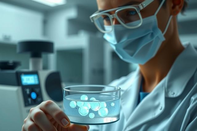 Lab scientist examining petri dish with blue cell cultures. Close-up of research in a lab setting, showcasing scientific investigation and biotechnology. Clean, bright environment with focus on the dish.