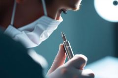 Close-up of a healthcare professional in a mask holding a syringe, likely in a lab or medical setting. Focus on the syringe and gloved hand. Sterile environment, muted colors, medical theme.