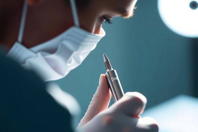 Close-up of a healthcare professional in a mask holding a syringe, likely in a lab or medical setting. Focus on the syringe and gloved hand. Sterile environment, muted colors, medical theme.