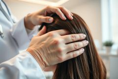 Doctor examining patient's scalp in a bright, modern clinic. Close-up view of hands palpating hair, likely for a dermatology or hair loss assessment. White coat, brown hair, and neutral background colors. Healthcare, medical examination, and scalp health concepts are evident.