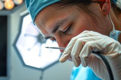 Close-up of a surgeon performing a procedure, wearing gloves and a surgical mask. Focus on precision and medical expertise in a sterile environment. Clinical setting with blurred background.