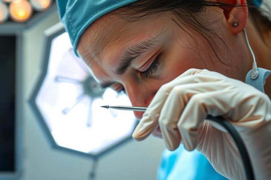 Close-up of a surgeon performing a procedure, wearing gloves and a surgical mask. Focus on precision and medical expertise in a sterile environment. Clinical setting with blurred background.