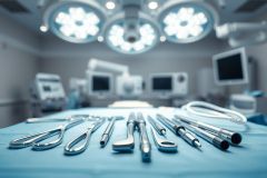 Surgical instruments laid out on a blue sterile drape in a modern operating room. Bright overhead surgical lights illuminate the scene, with blurred medical equipment and monitors in the background. A clean, clinical environment with silver tools and cool blue tones evokes a sense of precision and healthcare.