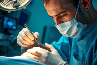 Surgeon in blue scrubs performs a procedure in an operating room. Close-up view of surgical tools and patient under bright lights. Medical professional, healthcare, surgery, examination.