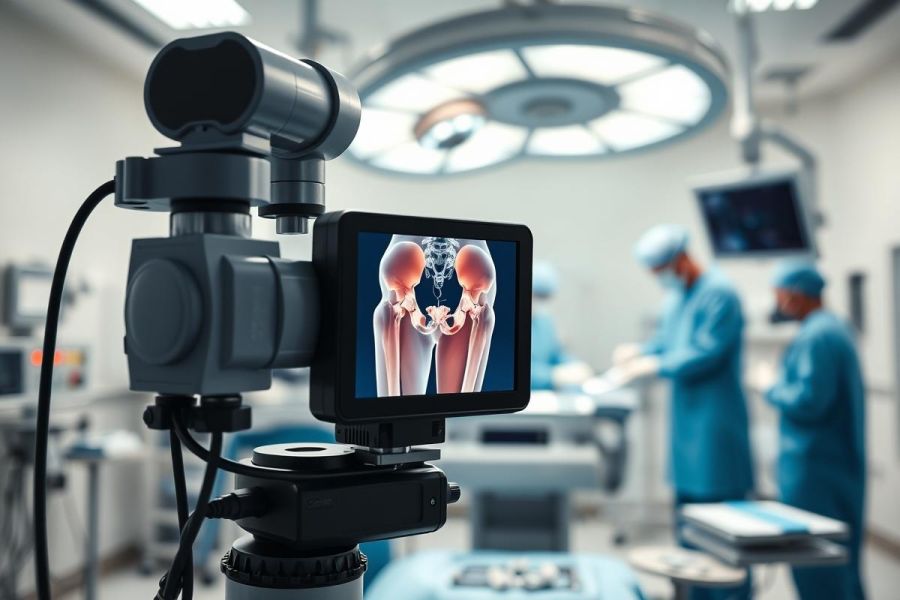 Surgical operating room scene. A camera displays a 3D medical image of hip joints, showcasing anatomy. Medical professionals in blue scrubs are visible in the background under bright surgical lights. Focus on orthopedic surgery and medical imaging technology.