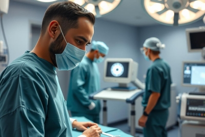 The image shows a medical setting with three doctors in surgical attire. They are all wearing face masks, indicating a sterile environment and possibly preparing for a procedure or conducting an operation.