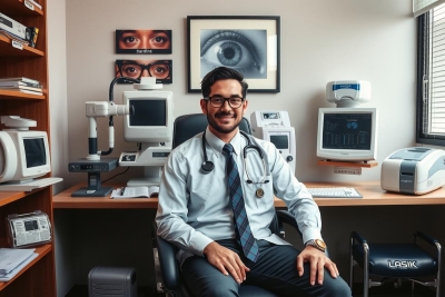 The image features a professional setting with a man seated in an office chair. He is wearing a white lab coat, indicating a medical profession, and a tie. His smile conveys friendliness and approachability. Behind him on the wall are framed pictures of eyes, suggesting an eye care clinic or similar environment.
