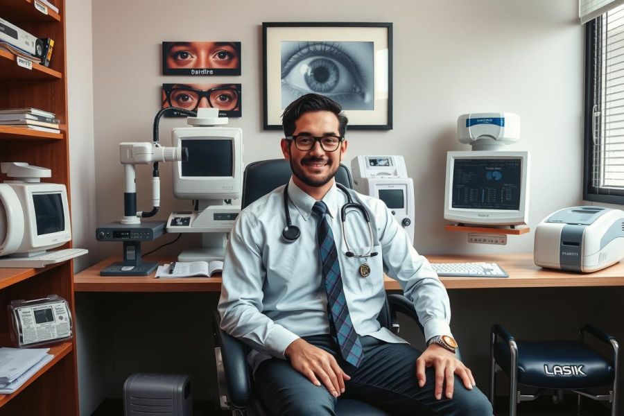 The image features a professional setting with a man seated in an office chair. He is wearing a white lab coat, indicating a medical profession, and a tie. His smile conveys friendliness and approachability. Behind him on the wall are framed pictures of eyes, suggesting an eye care clinic or similar environment.