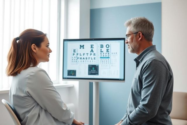 Eye exam in a modern clinic. A man and woman are undergoing a vision test with an eye chart displayed on a screen. Blue walls and bright lighting create a professional healthcare setting, focusing on eye care and vision health.