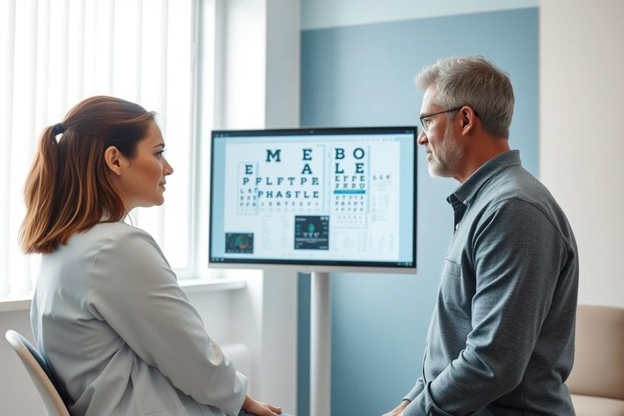 Eye exam in a modern clinic. A man and woman are undergoing a vision test with an eye chart displayed on a screen. Blue walls and bright lighting create a professional healthcare setting, focusing on eye care and vision health.