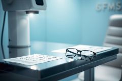 Optometrist exam room with eye chart and glasses. Modern blue environment, featuring vision testing equipment and a blurred chair. Healthcare, eye care, and optical services concept.