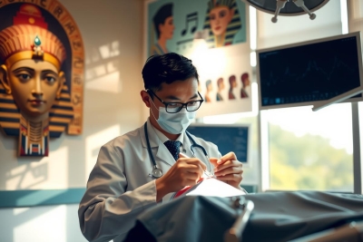 The image depicts a professional setting, possibly a medical or dental office. In the foreground, there is a person wearing a white coat with a stethoscope around their neck, suggesting they are a healthcare provider. They are engaged in an activity that requires precision, such as performing a surgical procedure or adjusting some equipment. The background features decorative elements like paintings of Egyptian motifs and hieroglyphs, contributing to the professional yet exotic atmosphere of the space. The colors present are soft pastels, adding to the calm and clinical ambiance.