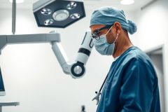 Surgeon wearing a mask and surgical cap in an operating room. Focused on a medical procedure with bright lights and sterile environment. Healthcare professional.