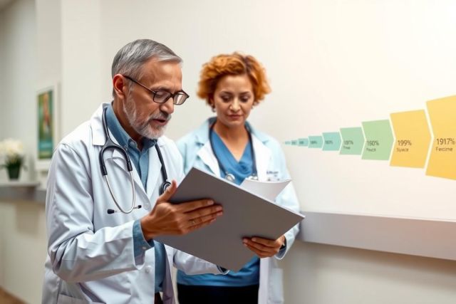 Two doctors in a hospital room using a tablet to review medical statistics and progress charts. One doctor is holding papers while the other interacts with the digital tablet.