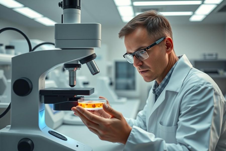 Scientist in a lab examining a sample under a microscope. The image features a man in a white lab coat and glasses, focused on a petri dish with a yellow substance. Modern lab equipment and bright lighting create a scientific research environment.