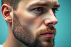 Close-up portrait of a man with striking blue eyes, reddish-brown hair, and a well-groomed beard. The image features a detailed view of his face against a cool blue background. Focus on facial features and texture, ideal for portraits or male grooming themes.