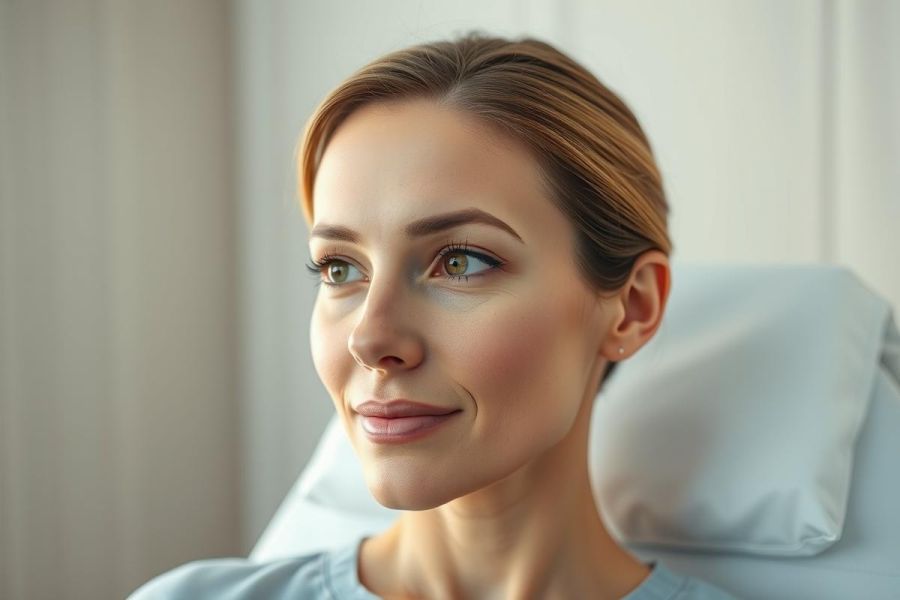 Close-up portrait of a beautiful woman with auburn hair and green eyes, likely in a medical or cosmetic setting. Soft lighting and neutral colors create a serene, professional feel. Focus on skincare, beauty, or wellness themes.